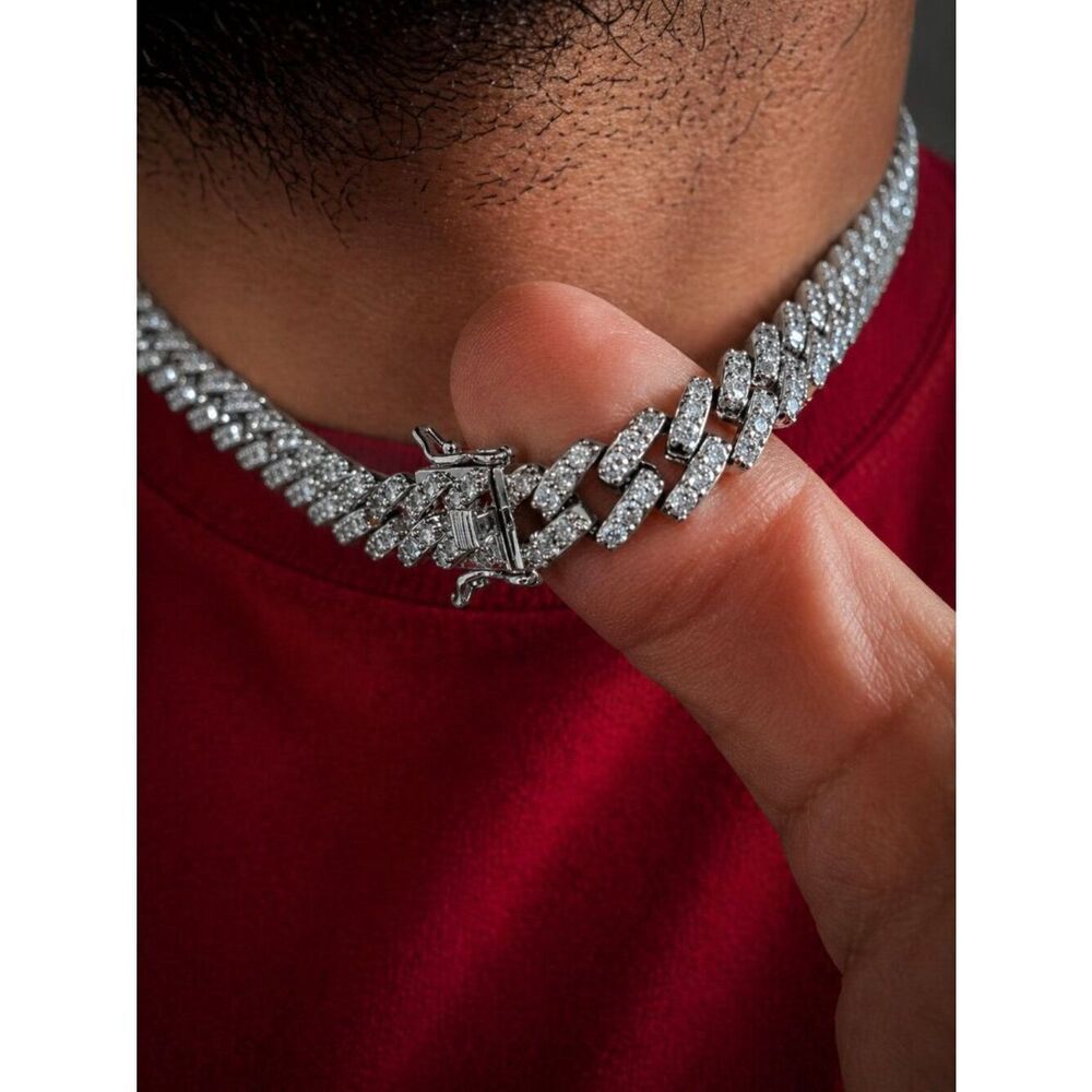 Block Link Simulated Diamond Cuban Link Necklace - Picture 2 of 5